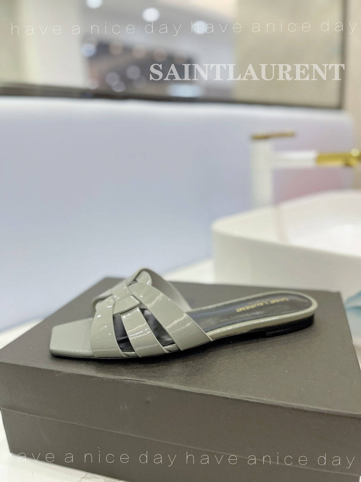 SL TRIBUTE SLIPPERS GLOSSY SAGE CALFSKIN