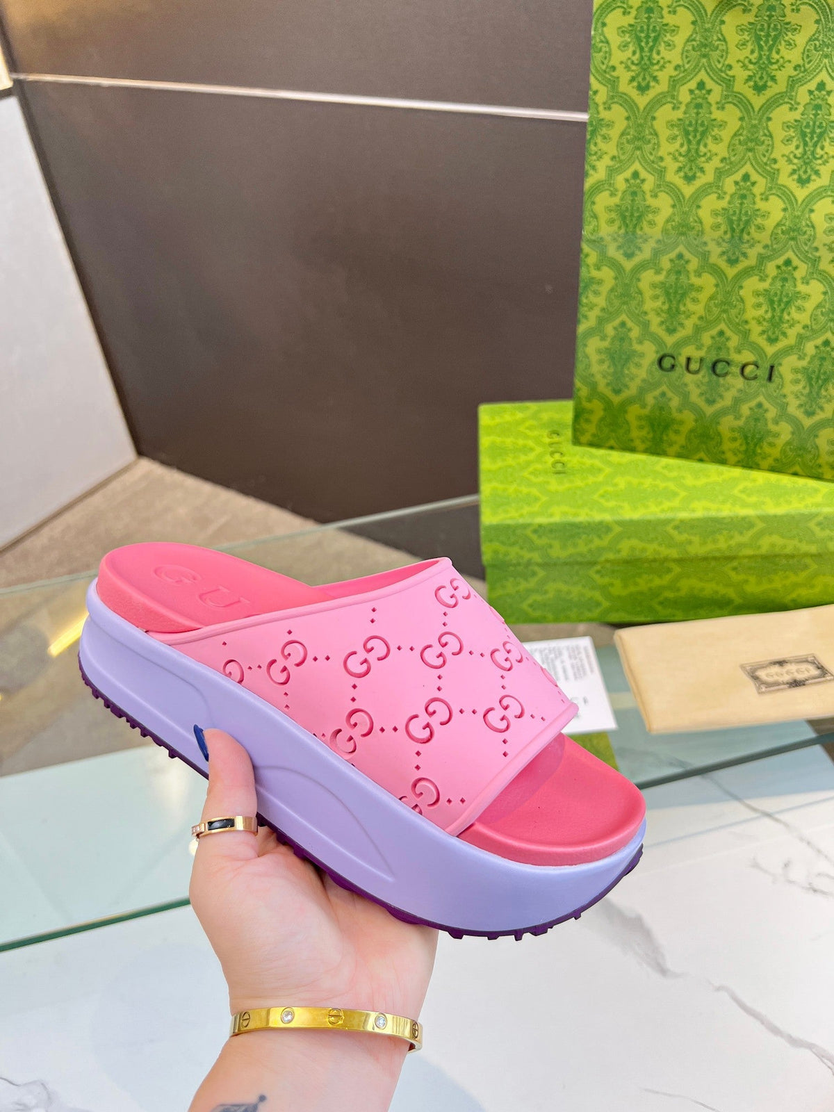 PLATFORM SANDALS IN BABY PINK MONOGRAM IMPORTED TPU