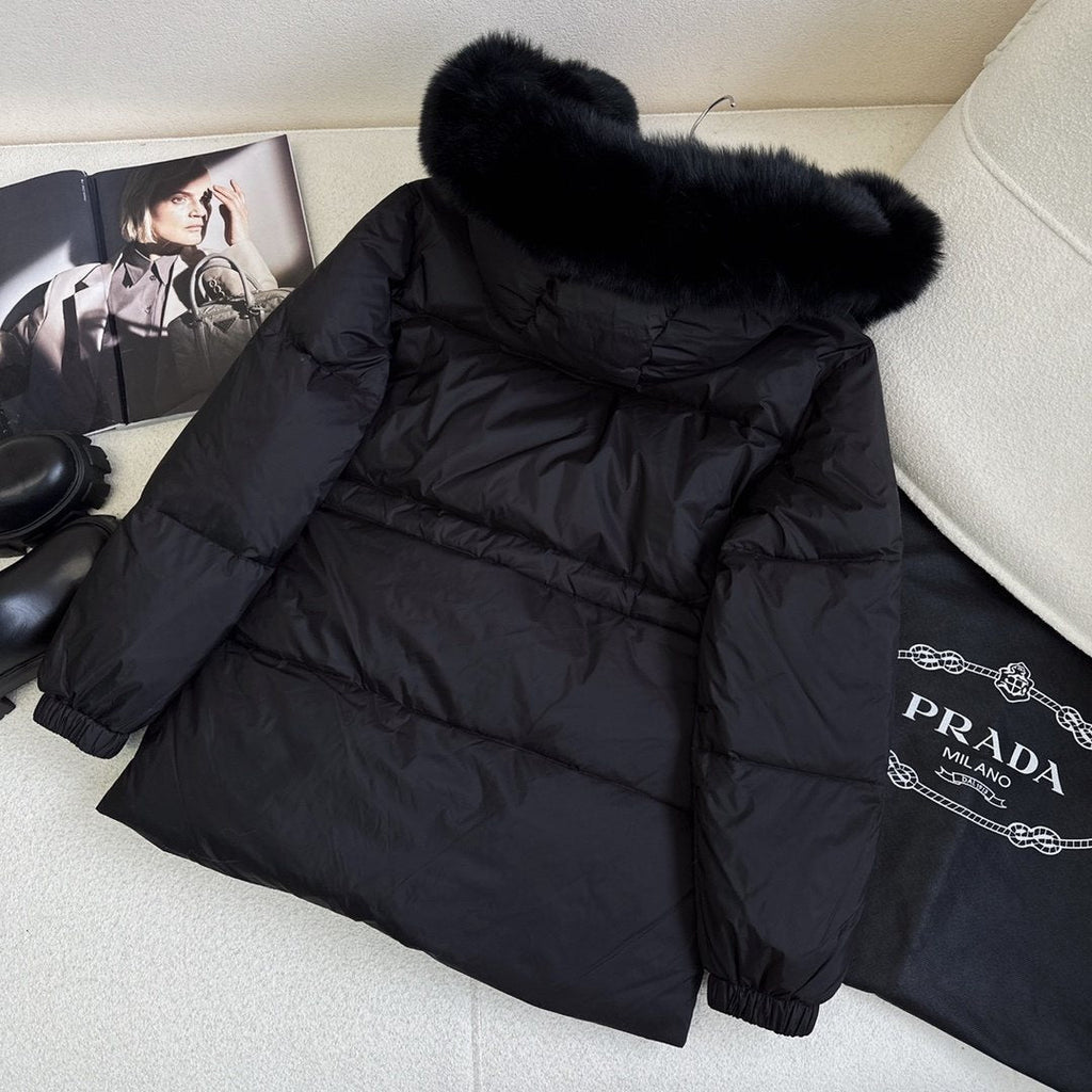 Prada Fur-Trim Hooded Puffer Jacket with Detachable Pouch