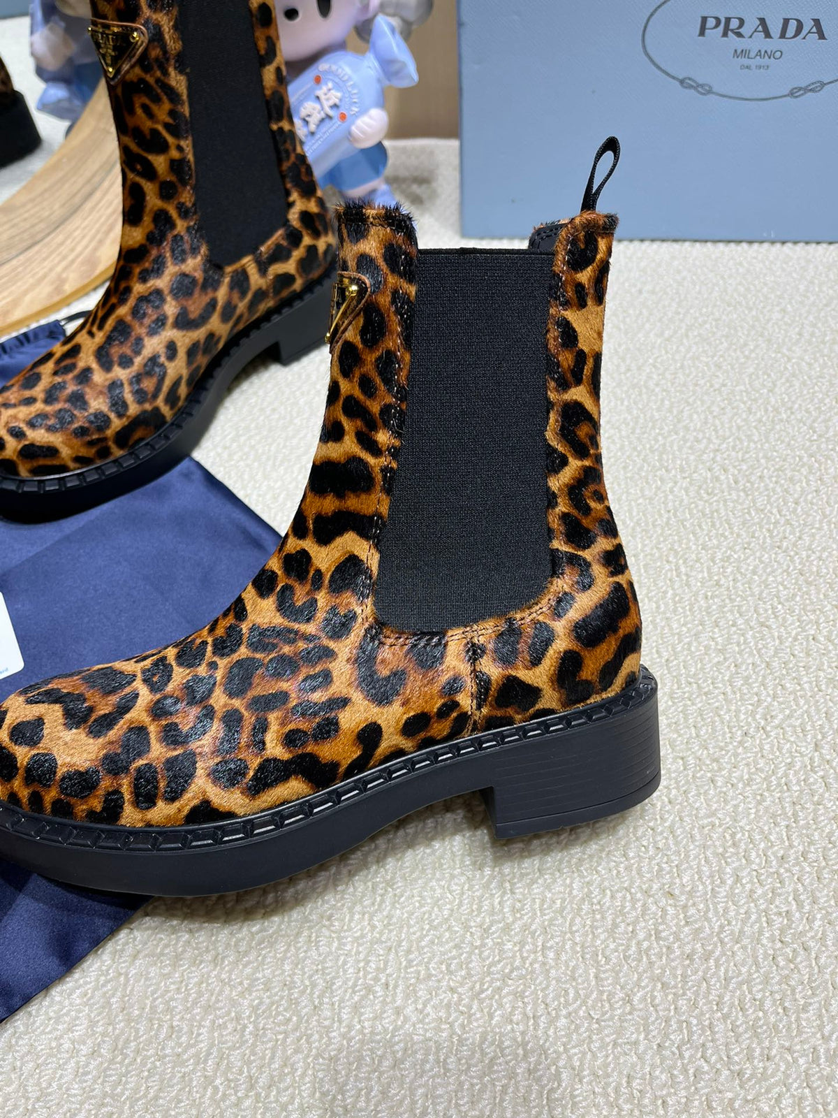ANKLE BOOTS ATTACHED TRIANGLE LOGO IN LEOPARD PRINT HORSEHAIR