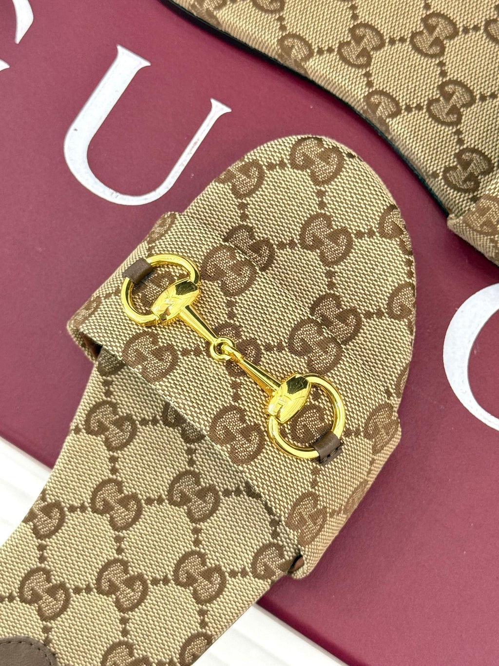 SLIDE SANDALS IN DARK BEIGE FABRIC EMBOSSED LOGO