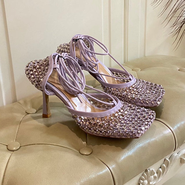 LACE-UP SANDAL IN LIGHT PURPLE METALLIZED MESH AND LEATHER WITH RHINSTONES 9 CM