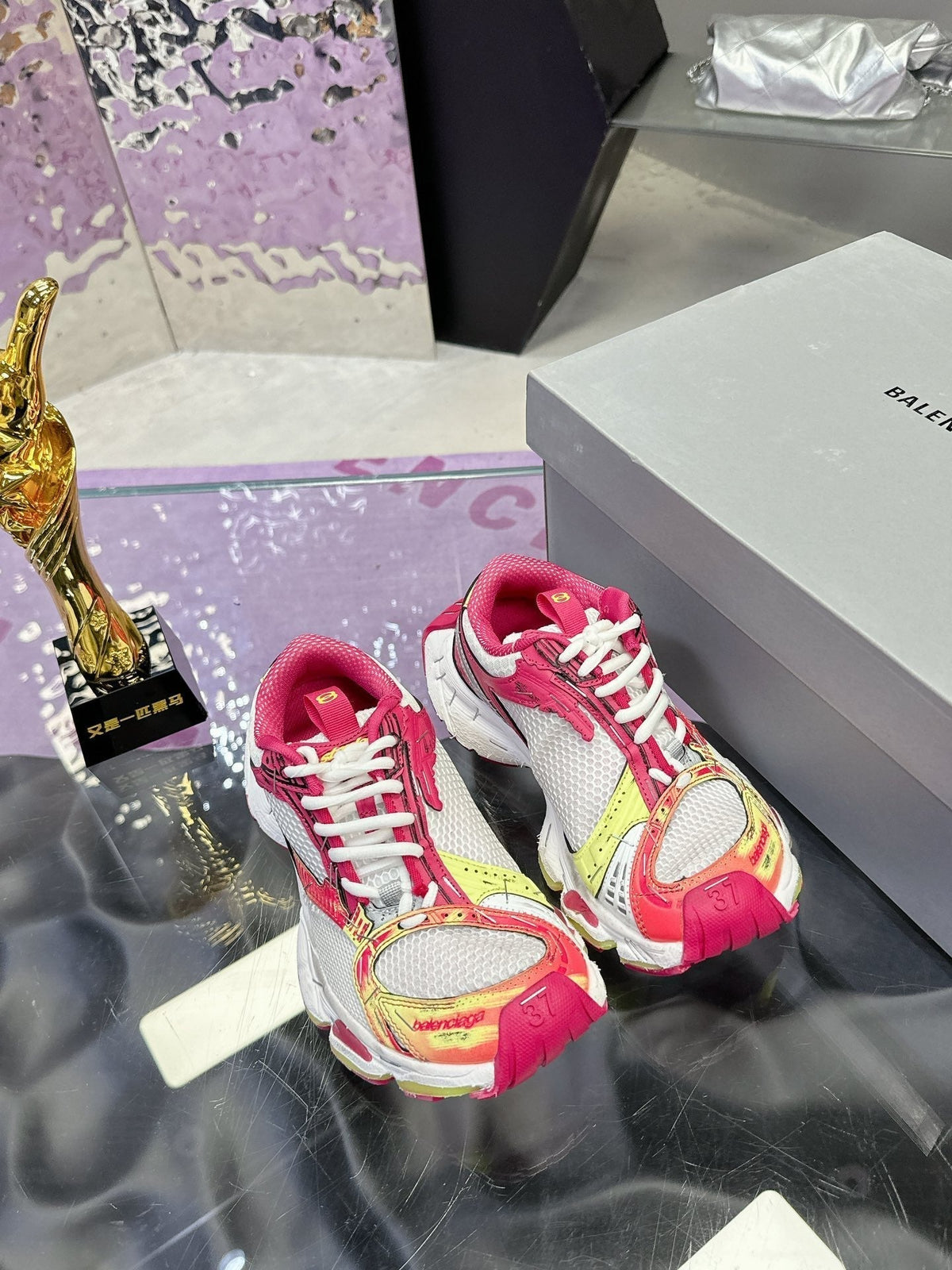 STAPLER SNEAKER IN WHITE, PINK, NEON YELLOW AND SILVER POLYURETHANE AND POLYESTER