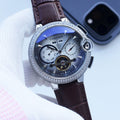 Cartier Brown Blue Silver Dial Leather Strap Watch